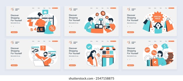 Conceito de compra de página inicial com modelos de slide definidos em design plano. Cabeçalhos do site com pessoas que encomendam, fazem compras e pagam no checkout, obtendo cupons de desconto. Ilustrações vetoriais.