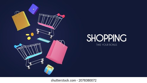 Shopping concept. Marketing design template with shopping trolley cart, gift bags and boxes, card and money