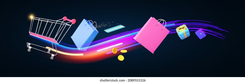 Shopping concept. Marketing design template with shopping trolley cart, gift bags and boxes, card and money