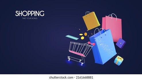 Shopping concept. Marketing design template with shopping trolley cart, gift bags and boxes, card and money