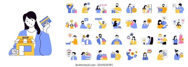 Shopping concept mega set with character scenes in flat design for web. Bundle situations with people choosing new clothes, making purchases, paying credit card, get discounts. Vector illustrations.