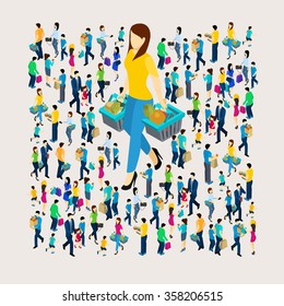 Shopping concept with men and women holding bags isometric vector illustration 