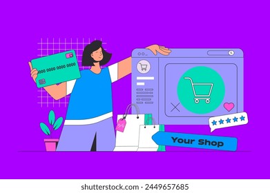 Concepto de compras en diseño plano moderno para el Web. Mujer haciendo compras en línea, pidiendo productos, pagando con tarjeta de crédito, consigue regalos. Ilustración vectorial para el Anuncio de medios sociales, material de marketing.
