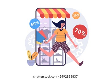 Shopping concept in modern flat design for web. Woman doing bargain purchases in clothes online stores, buying products with best prices in mobile phone application with delivery. Vector illustration.