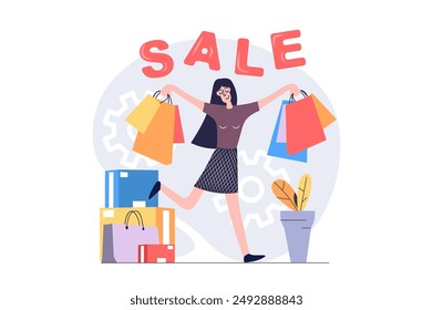 Concepto de compras en diseño plano moderno para el Web. Mujer con muchos bolsos haciendo compras en boutiques o tiendas, pidiendo productos con ofertas de Precio de ganga en ventas de temporada. Ilustración vectorial.