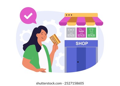 Shopping concept in modern flat design for web. Woman choosing new clothes at store, making bargain purchases with special prices and paying order by credit card using apps. Vector illustration.
