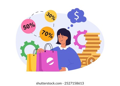 Shopping concept in modern flat design for web. Woman with bags making bargain purchases with special prices and discounts at promotion sales, paying orders and saving money. Vector illustration.