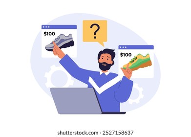 Shopping concept in modern flat design for web. Man choosing new sneakers at internet store using laptop, making bargain purchases with special prices and paying order online. Vector illustration.