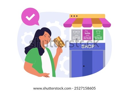 Shopping concept in modern flat design for web. Woman choosing new clothes at store, making bargain purchases with special prices and paying order by credit card using apps. Vector illustration.