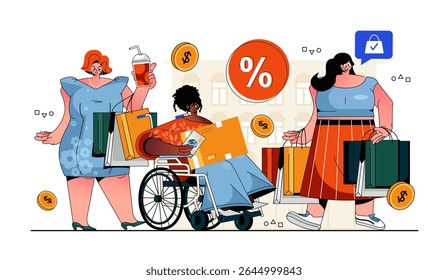 Shopping concept for modern web design. Happy women hold bags with purchases, diverse people buying at store, shop or mall with discount sale. Flat vector illustration isolated on white background.