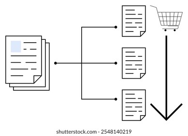 Conceito de compras. Várias planilhas de documentos são vinculadas a um carrinho de compras por meio de linhas e setas de conexão. Ideal para gerenciamento de conteúdo, comércio eletrônico, organização de dados, fluxogramas e negócios