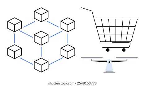 Shopping concept. A network of interconnected cubes representing blockchain technology is alongside a shopping cart balanced on a scale, symbolizing the equilibrium of commerce and technology. Ideal