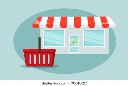 Shopping concept on the blue background. Shop entrence with red basket for purchase