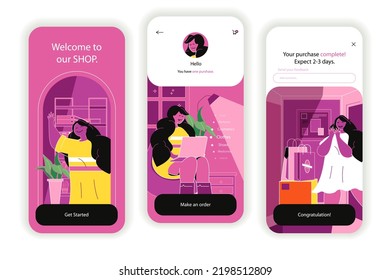 Shopping concept onboarding screens. Ordering of goods on store website, discount prices, payment in app. UI, UX, GUI user interface kit with flat people scene. Vector illustration for web design