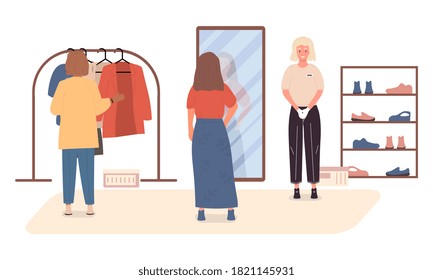 Shopping concept. One woman standing in front of a mirror in a clothing store and trying on a skirt or blouse another one is choosing a jacket. Flar vector illustration