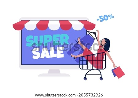 Shopping concept. Online shopping via computer. Super and mega sale. Black Friday. Colorful flat vector drawing.