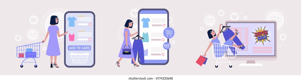 Shopping concept. Online shopping via smartphone and computer. Colorful flat vector drawing.