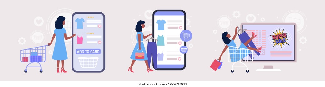 Shopping concept. Online shopping via smartphone and computer. Colorful flat vector drawing.