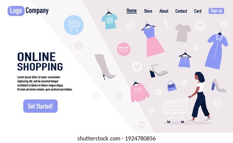 Einkaufskonzept. Online-Shopping-Website-Vorlage. Frau mit Einkaufswagen. Farbige flache Vektorgrafik.