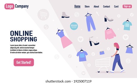 Concepto de compras. Plantilla del sitio web de compras en línea. Mujer con carro de compras. Dibujo de vector plano colorido.