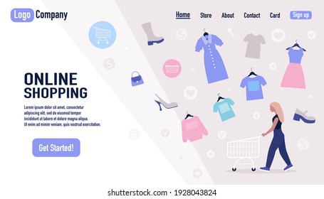 Concepto de compras. Plantilla del sitio web de compras en línea. Mujer con carro de compras. Dibujo de vector plano colorido.