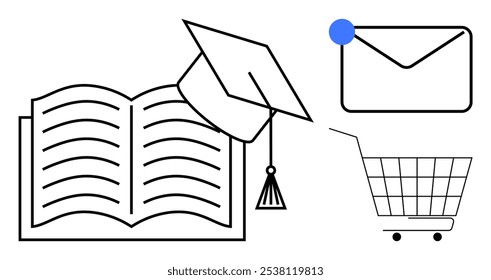 Shopping concept. Open book alongside a graduation cap, an envelope with a notification dot, and a shopping cart. Ideal for education, online shopping, e-commerce, communication, learning. Minimalist