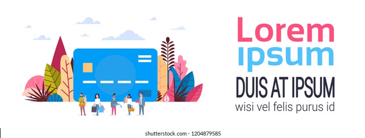 shopping concept over credit card mix race people stay together hand hold diversity purchases flat banner copy space vector illustration