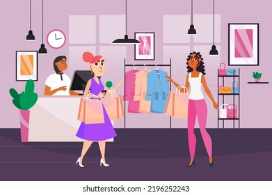 Concepto de compras con escena de personas en el diseño de caricaturas de fondo. Una mujer elige un vestido con un consultor en una tienda de ropa. Ilustración vectorial.
