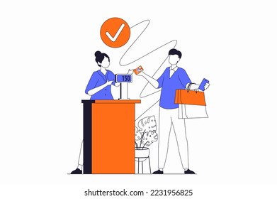 Shopping concept with people scene in flat outline design. Man makes purchases with bargain prices and pays for goods at checkout in shop. Vector illustration with line character situation for web