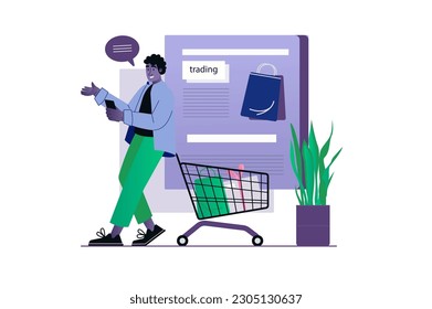 Shopping concept with people scene in the flat cartoon design. A man chooses a product to put in a shopping cart. Vector illustration.
