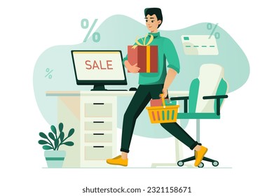 Shopping concept with people scene in the flat cartoon design. The guy bought a lot of new things in the online store. Vector illustration.