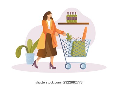 Concepto de compras con la escena de la gente en el estilo de las caricaturas planas. Una mujer elige productos en un supermercado. Ilustración vectorial.