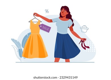 Shopping concept with people scene in the flat cartoon design. The girl buys a new dress and shoes while shopping. Vector illustration.