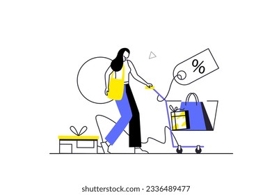 Shopping concept with people scene in the flat cartoon style. A woman buys many things while shopping. Vector illustration.