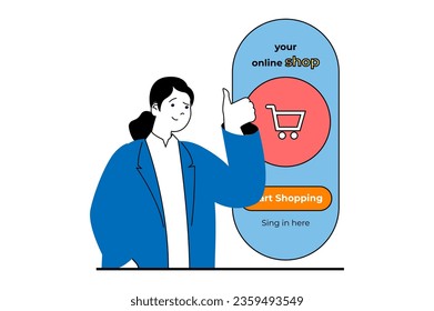 Shopping Konzept mit Menschen Szene in flachem Web-Design. Frauen, die intelligente Einkäufe im Online-Shop tätigen und Produkte im Trolley bestellen. Vektorgrafik für Social-Media-Banner, Marketingmaterial.