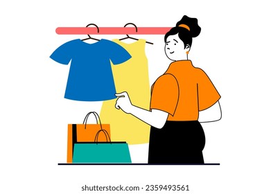 Shopping concept with people scene in flat web design. Woman with bag choosing clothes at showroom of boutique and dressing new outfit. Vector illustration for social media banner, marketing material.