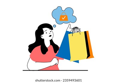 Concepto de compras con la escena de la gente en diseño web plano. Una mujer con bolsos hace compras en el mercado estacional, ordenando artículos en línea. Ilustración vectorial para banner de medios sociales, material de marketing.
