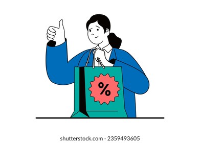Shopping concept with people scene in flat web design. Woman making purchases and ordering new goods with discount prices at sale. Vector illustration for social media banner, marketing material.
