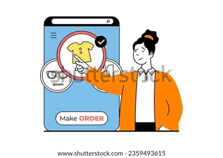 Shopping concept with people scene in flat web design. Woman ordering new clothing and goods at online store, making bargain purchases. Vector illustration for social media banner, marketing material.