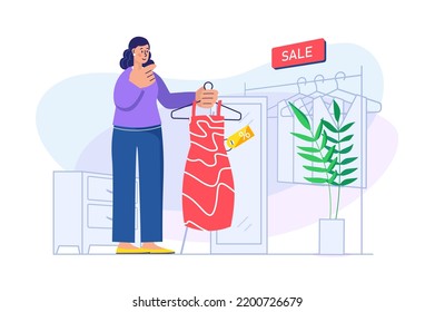 Concepto de compras con escena popular. Ilustración del vector