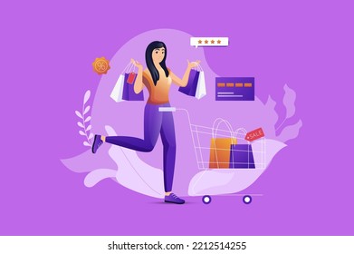 Concepto de compras con escena popular. Ilustración vectorial.