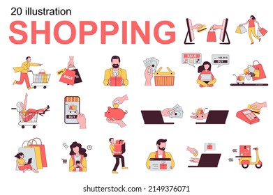 Shopping concept with people scenes set in flat design. Men and women choose goods, make purchases at sales, pay online and at checkout and other. Vector illustration visual stories collection for web