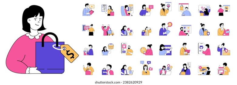 Shopping concept with people situations mega set in flat web design. Bundle scenes of buyers make purchase orders on seasonal sales. Vector illustrations for social media banner, marketing material.