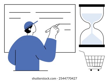 Shopping concept. Person writing on a board, an hourglass, and a shopping cart. Ideal for time management, online shopping efficiency, e-commerce, customer service, and productivity strategies. Flat