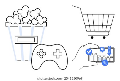 Shopping concept. A popcorn bucket, game controller, shopping cart, and smartphone with shopping icons. Ideal for digital shopping, e-commerce, entertainment, online gaming, and retail promotions