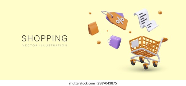 Shopping concept. Realistic shopping cart, bag, package, label, receipt. Planned expenses, household budget. Bargain purchases. Color vector web poster