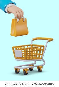 Shopping concept in realistic style. Empty shopping cart, hand holding gift bag