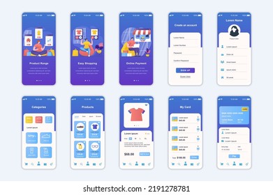 Pantallas de concepto de compras configuradas para la plantilla de aplicación móvil. La gente elige productos en el catálogo de tiendas, pedidos y pagos en línea. interfaz de usuario, UX, interfaz de usuario GUI para diseños de aplicaciones de smartphone. Diseño de vectores