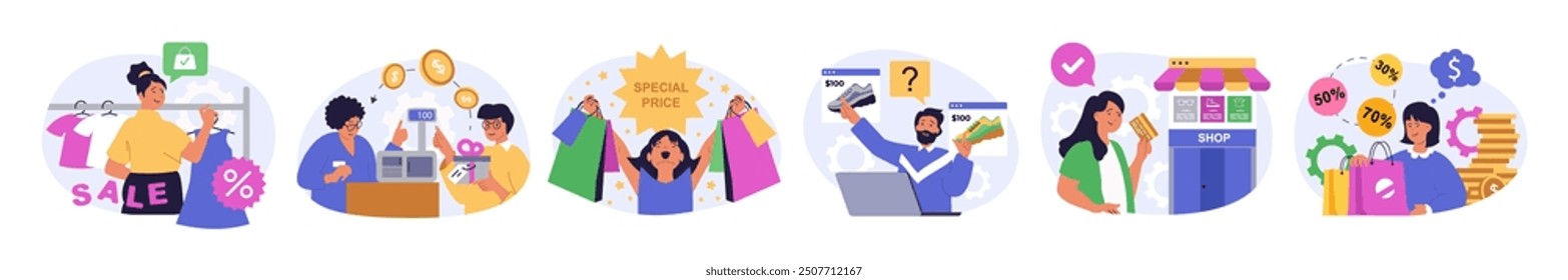 Shopping concept set in flat design for web. Collection with people choosing new clothes in store showroom, making purchases and paying at checkout, getting discount coupons. Vector illustration.