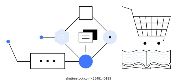 Concepto de compras. Estilo simplista. Un diagrama de flujo con íconos que muestran conexiones y procesos, junto con un Carrito de compras y un libro abierto. Ideal para el comercio minorista digital, compras inteligentes, comercio electrónico